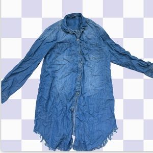 Clea and Theodore mini denim dress with raw hems. Cute boho look button down